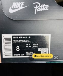 Giày Nike Patta x Air Max 1 Noise Aqua với hộp giày có thể check thông tin