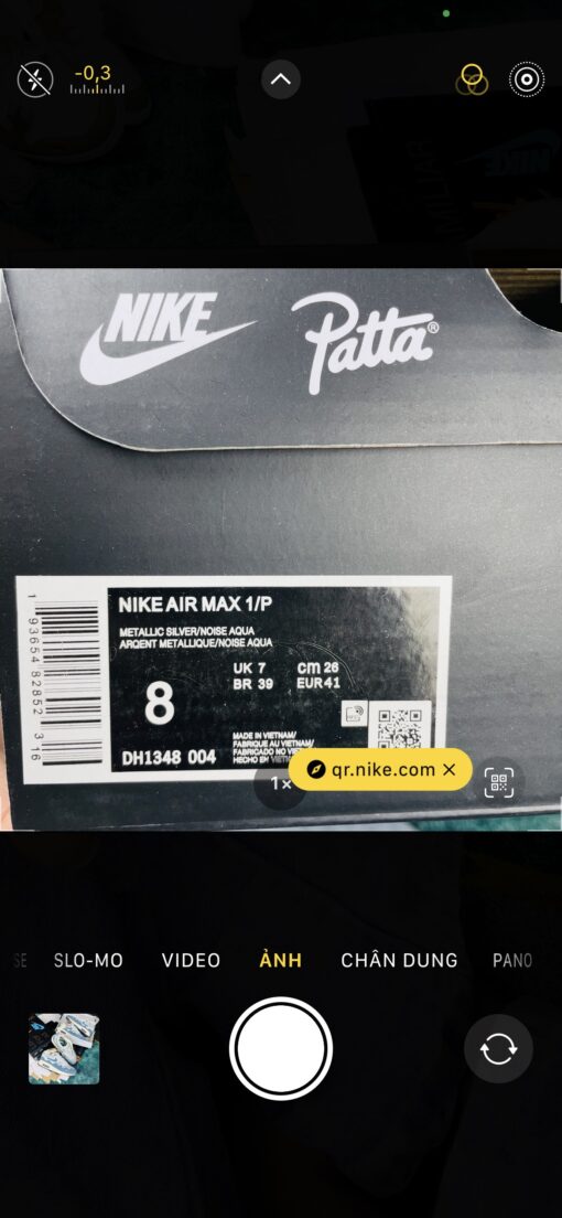 Giày Nike Patta x Air Max 1 Noise Aqua với hộp giày có thể check thông tin